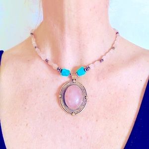 🌸🌸 LARGE Gorgeous Vintage Rose Quartz and Sterling Silver Turquoise Necklace🦋